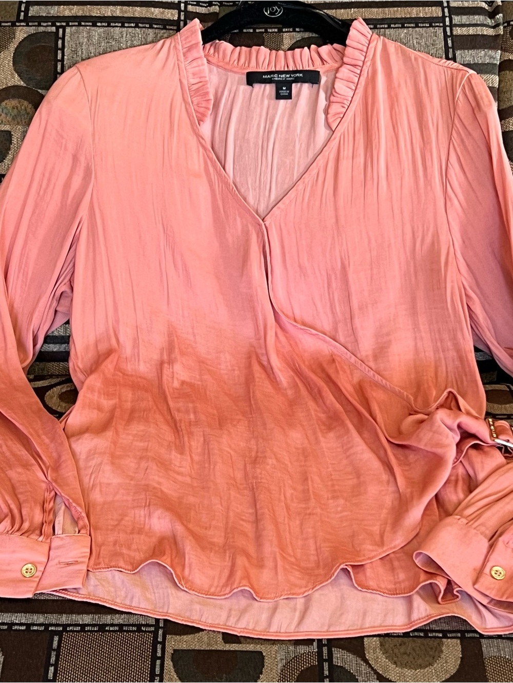Marc New York Coral Pink Ombre V-Neck Ruffle Blouse